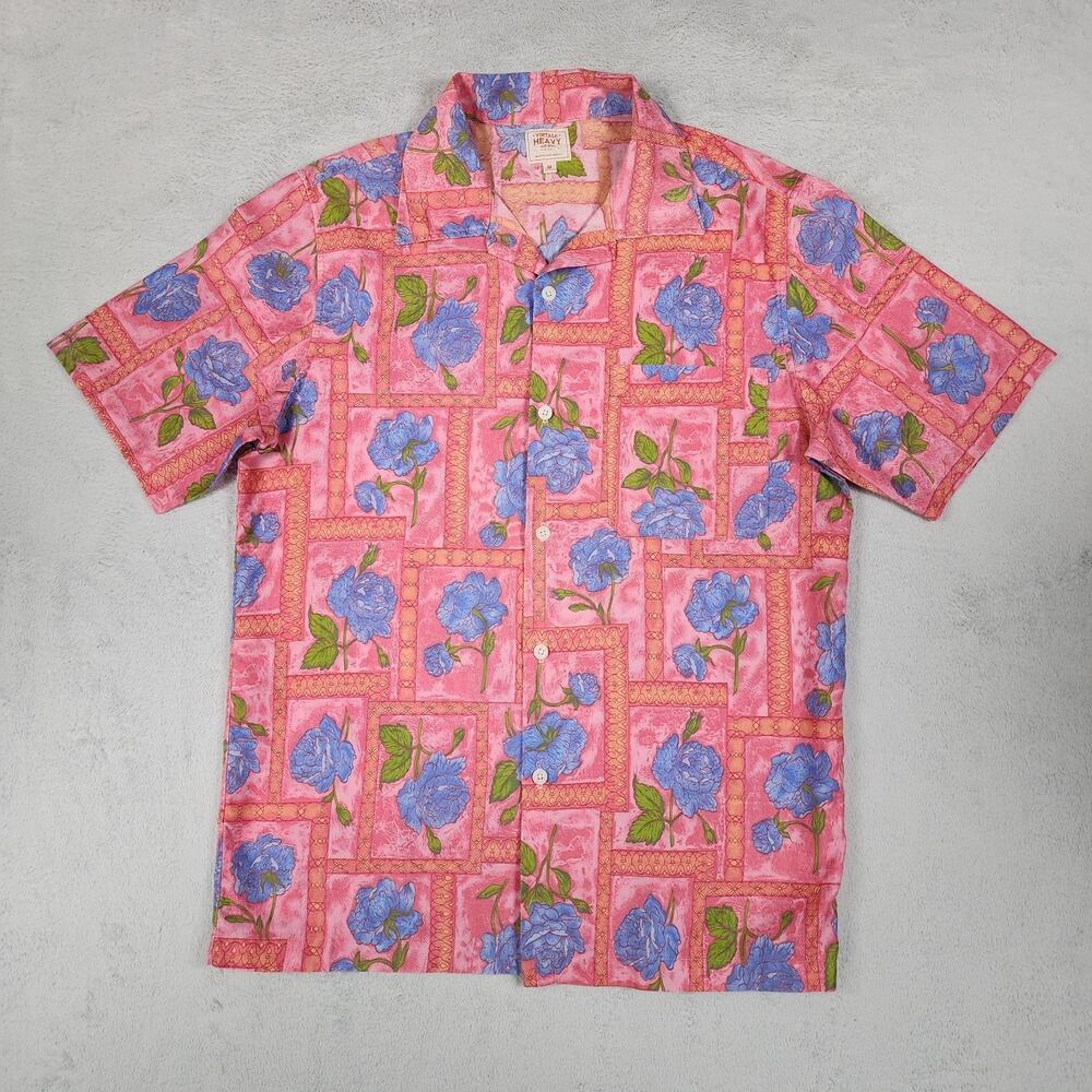 Vintage Heavy Camp Shirt Mens M Pink Blue Rose Floral Button Up USA Made
